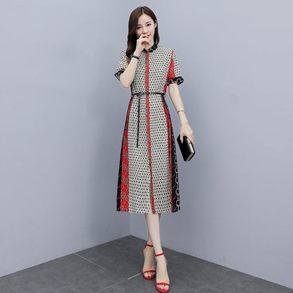 【Dress】人気爆発中～フェミニン半袖ロング丈配色薄い夏シャツワンピース   W-6129