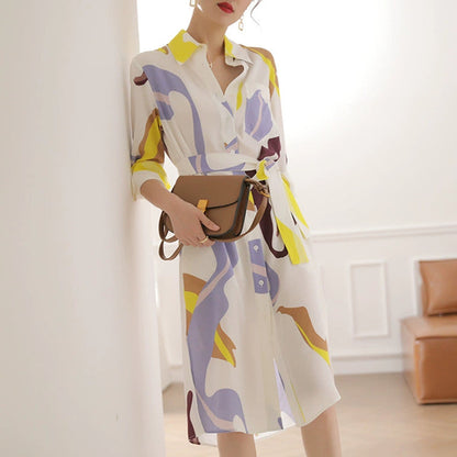【Dress】高見え効果～ウエスト絞りプリントAライン半分袖シャツワンピース　W-6225