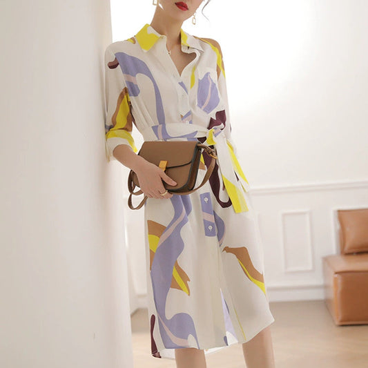 【Dress】高見え効果～ウエスト絞りプリントAライン半分袖シャツワンピース　W-6225