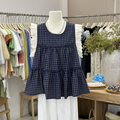 【Tops】チェック柄フリルブラウス T01834