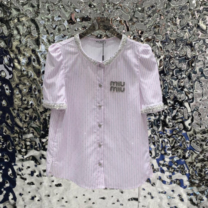 【Tops】ダイヤモンド装飾の半袖シャツ T01649