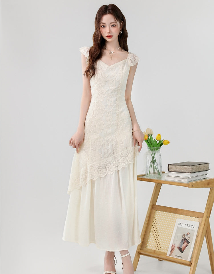 【Dress】レース刺繍イレギュラーロングドレス T01613
