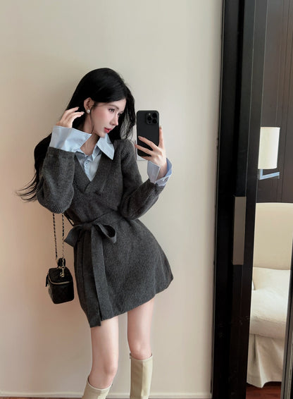 【Dress】フェイクレイヤードニットワンピース　Ｗ14432