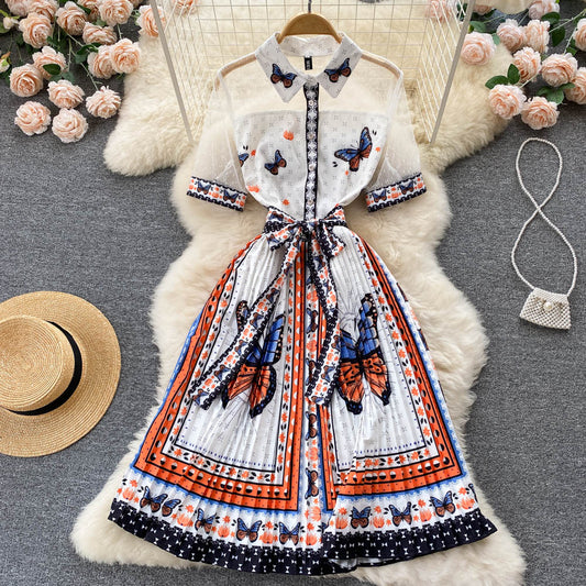 【Dress】オシャレ度満点～レディースチュール切替ウエスト絞りシャツプリーツワンピース　Ｗ-1465