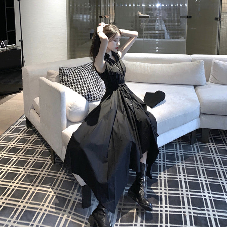 【Dress】大人気～ノースリーブウエスト絞りイレギュラー夏シャツワンピース   W-5939