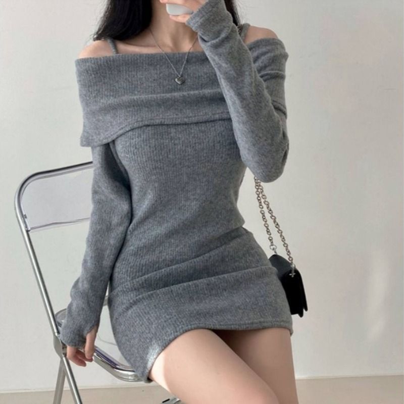 【Dress】オフショルダーニットワンピース     W8152