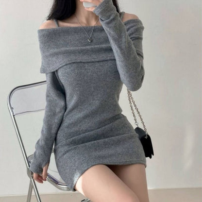 【Dress】オフショルダーニットワンピース     W8152