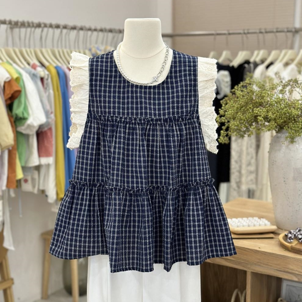 【Tops】チェック柄フリルブラウス T01834