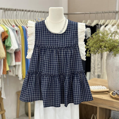 【Tops】チェック柄フリルブラウス T01834
