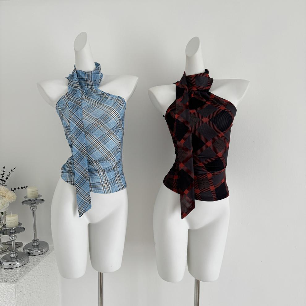 【Tops】チェック柄リボンネックホルダーベスト T01758