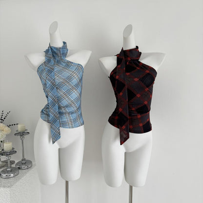 【Tops】チェック柄リボンネックホルダーベスト T01758
