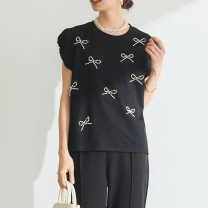 【Tops】リボンビーズTシャツ T01680