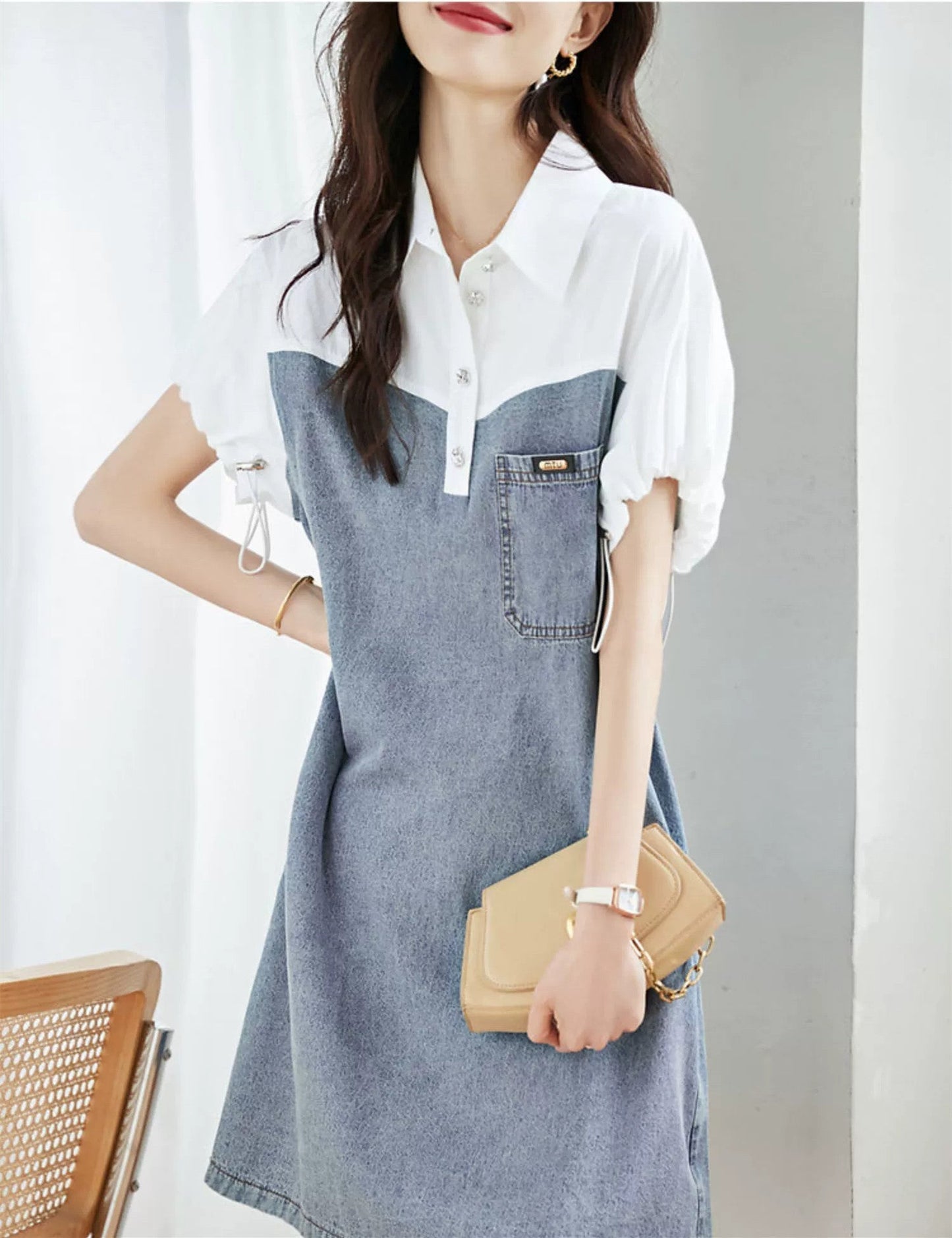 【Dress】大人カジュアル～半袖デニム切り替えシャツワンピース   W7708