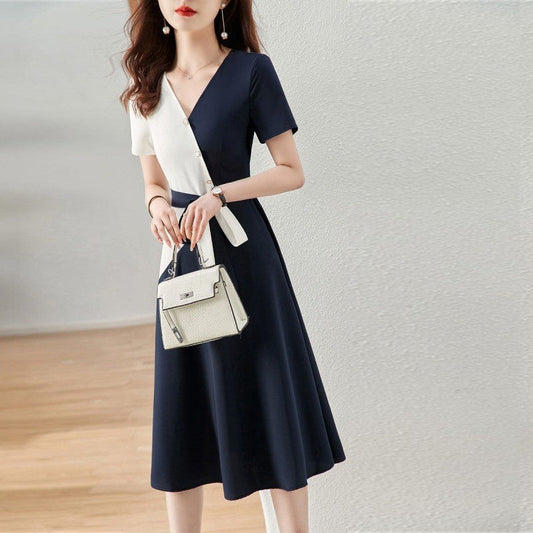 【Dress】オフィスカジュアル配色vネック半袖シャツワンピース　Z-5624