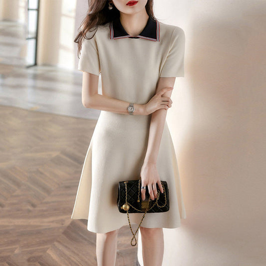 【Dress】気質溢れ～レディース定番AラインPOLOネック半袖ニットワンピース　Ｗ-6339