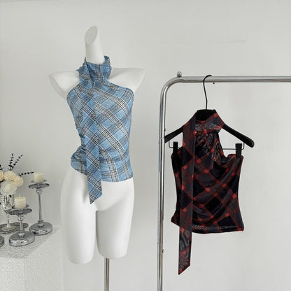 【Tops】チェック柄リボンネックホルダーベスト T01758
