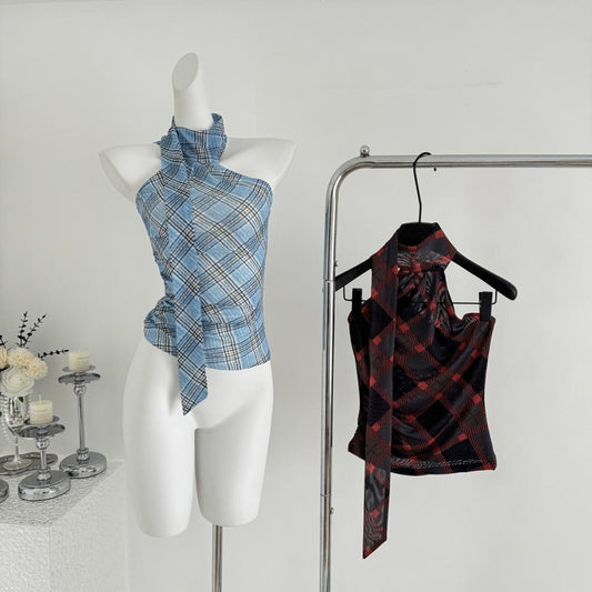 【Tops】チェック柄リボンネックホルダーベスト T01758