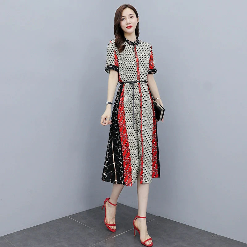 【Dress】人気爆発中～フェミニン半袖ロング丈配色薄い夏シャツワンピース   W-6129
