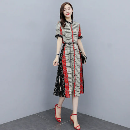 【Dress】人気爆発中～フェミニン半袖ロング丈配色薄い夏シャツワンピース   W-6129