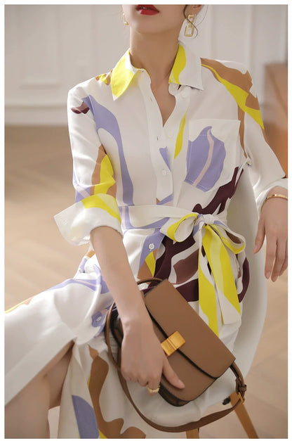 【Dress】高見え効果～ウエスト絞りプリントAライン半分袖シャツワンピース　W-6225