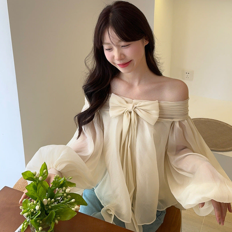 【Tops】リボン付きオフショルダーフリルシャツ T01854