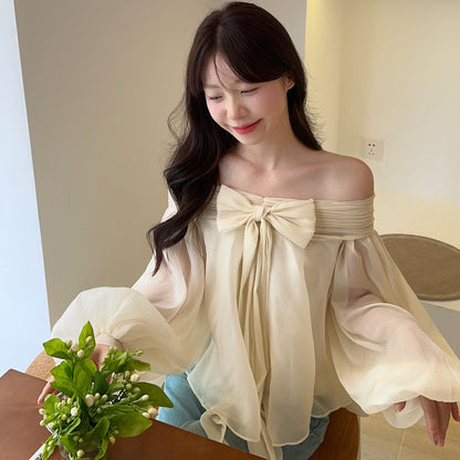 【Tops】リボン付きオフショルダーフリルシャツ T01854