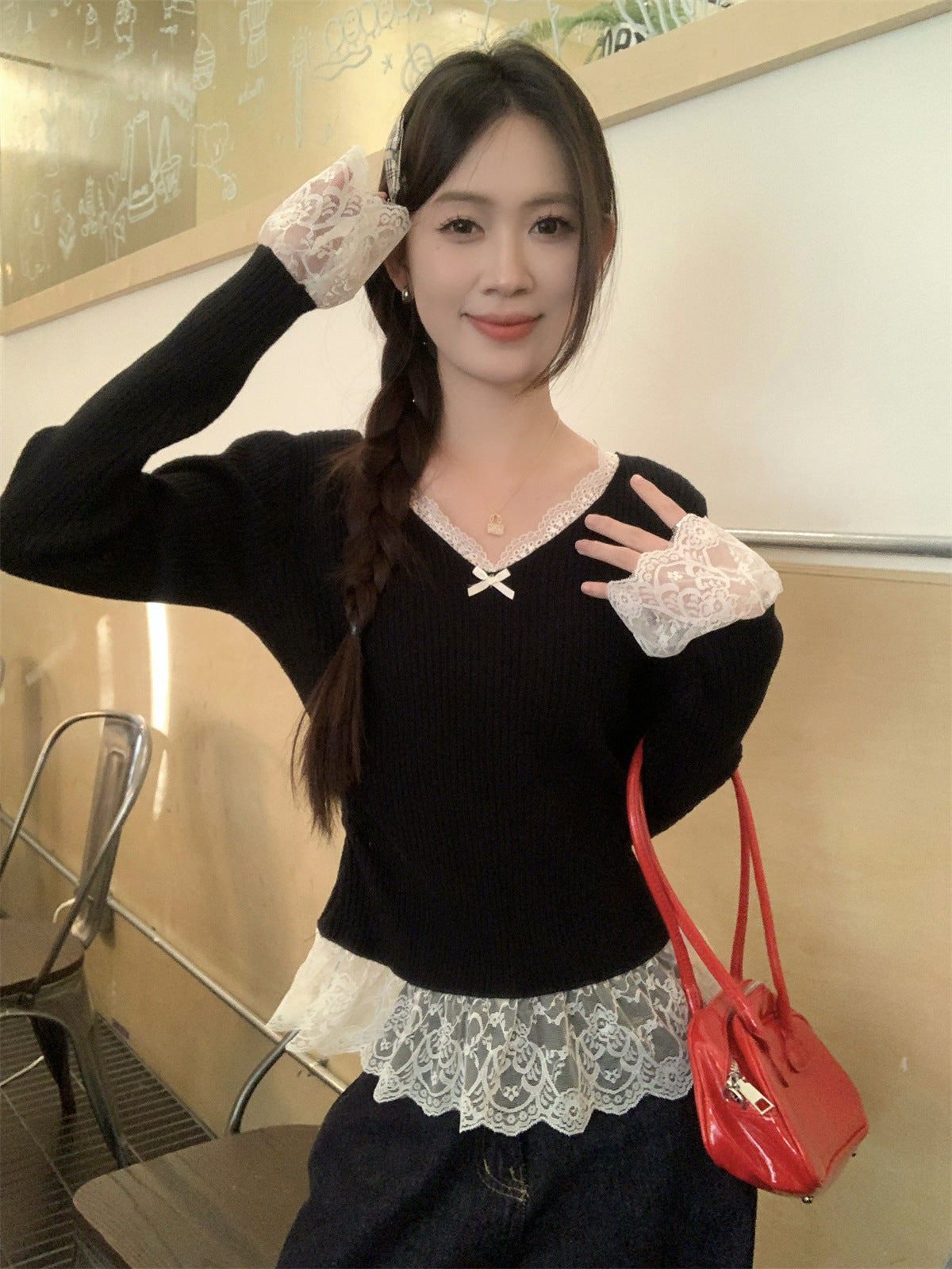 【Tops】レース切り替えベルスリーブトップ T01206