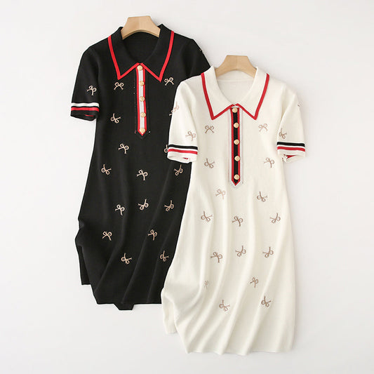 【Dress】合わせやすい～フェミニン半袖刺繍ニットワンピース    W7260