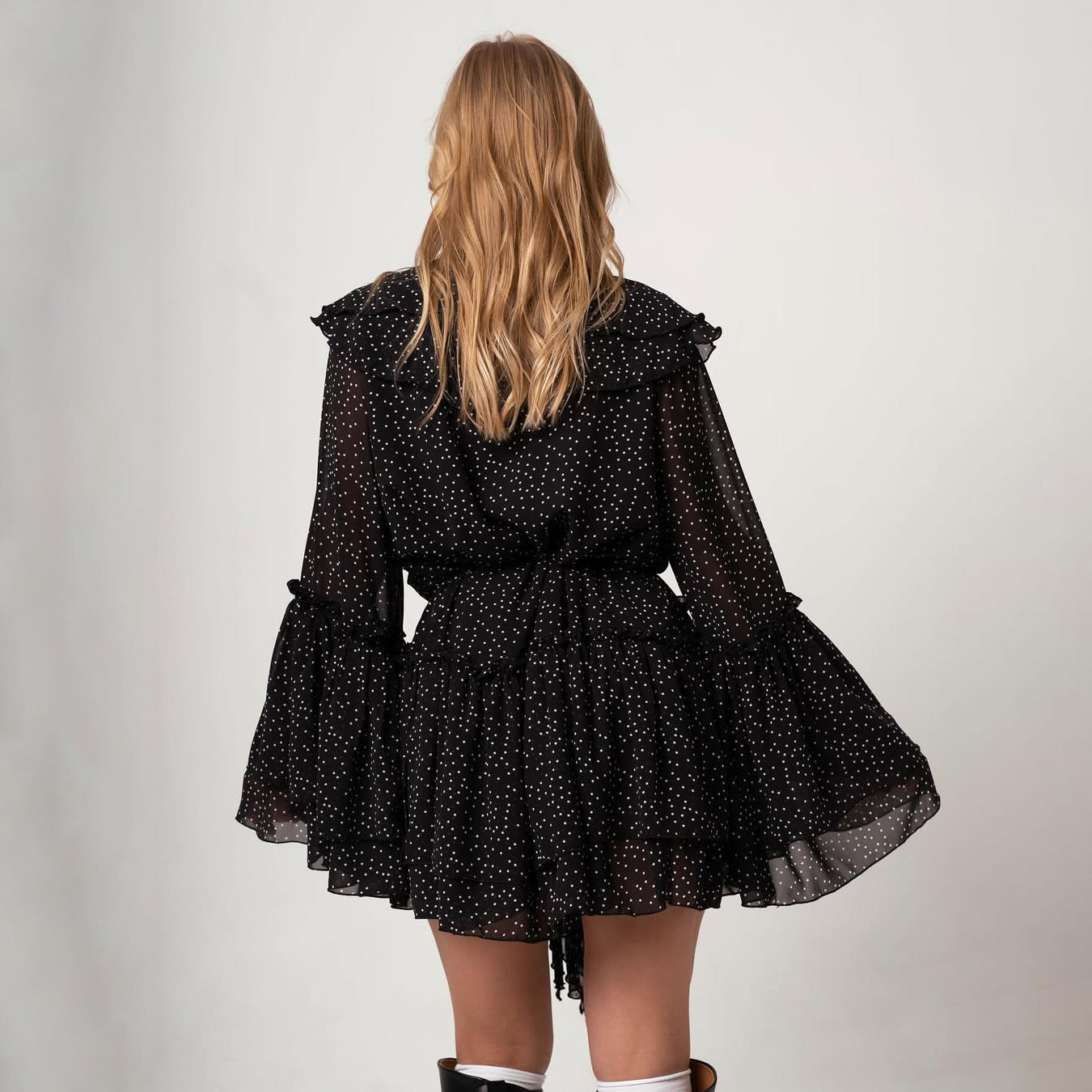 【Dress】Vネックドット柄ワンピース T01337
