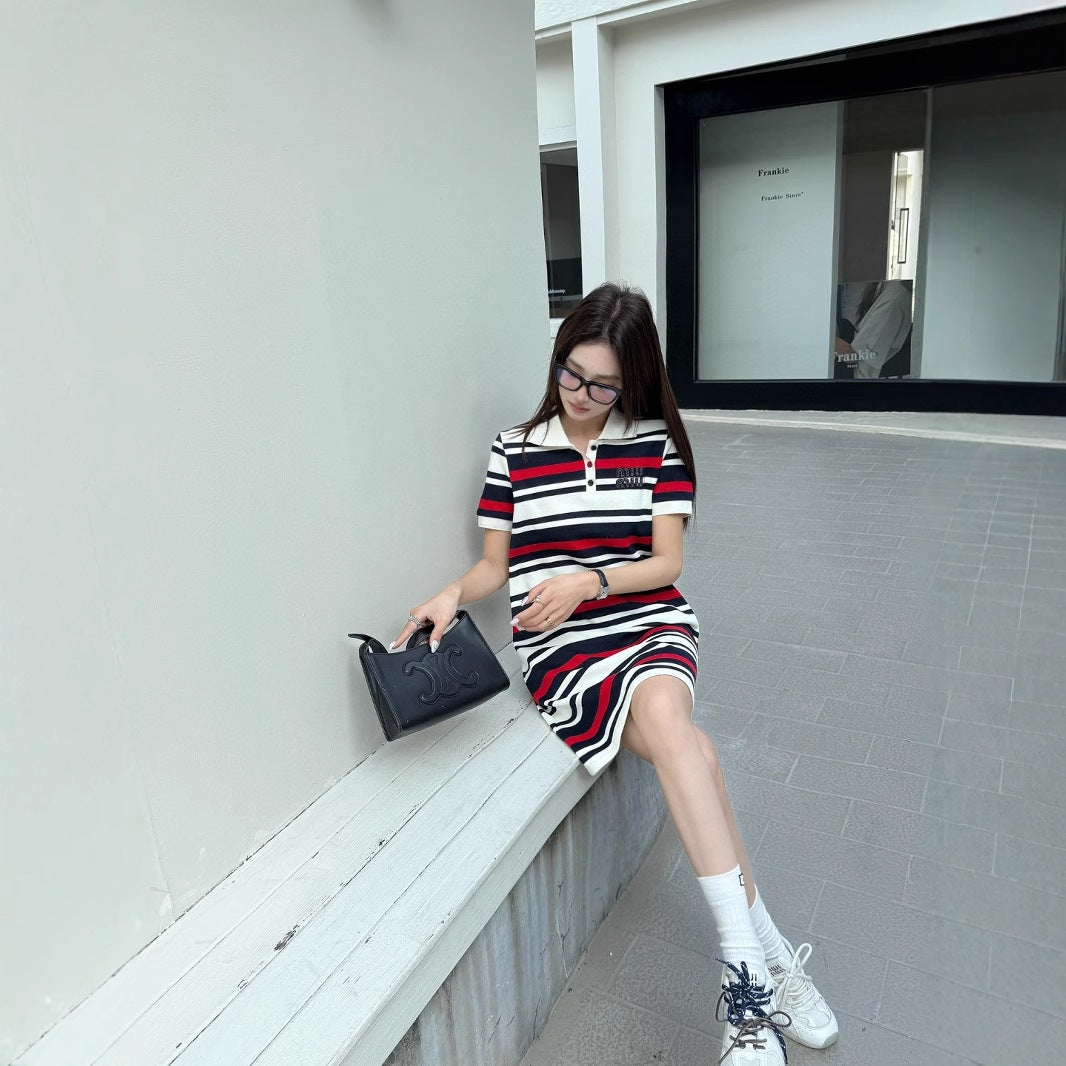 【Dress】POLOネックストライプワンピース  T01582