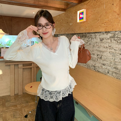 【Tops】レース切り替えベルスリーブトップ T01206