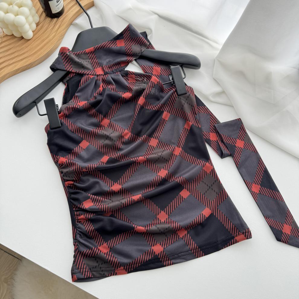 【Tops】チェック柄リボンネックホルダーベスト T01758