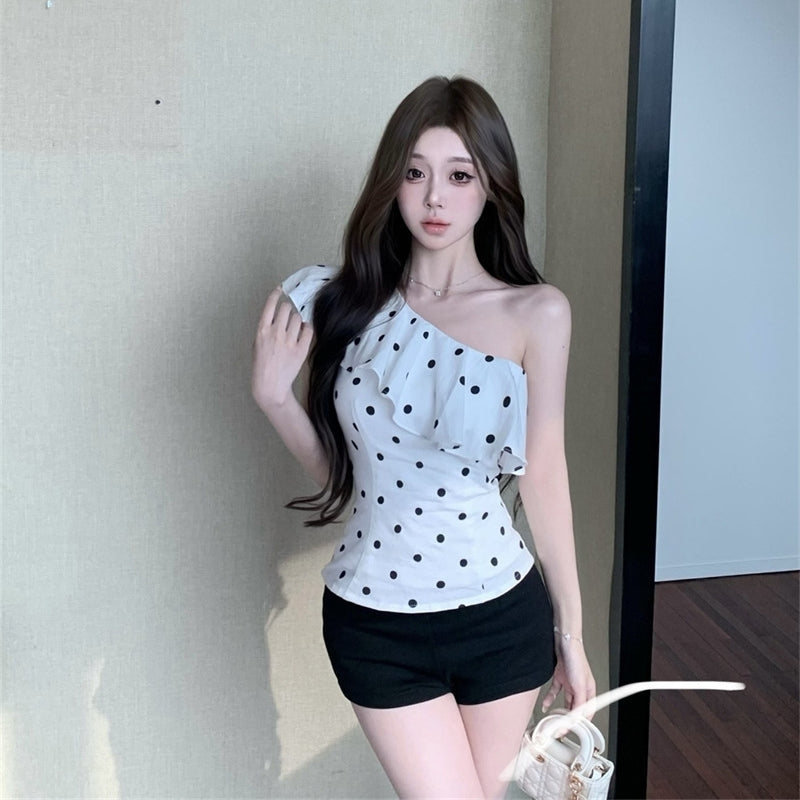 【Tops】ドット柄オフショルダーノースリーブトップス T01847
