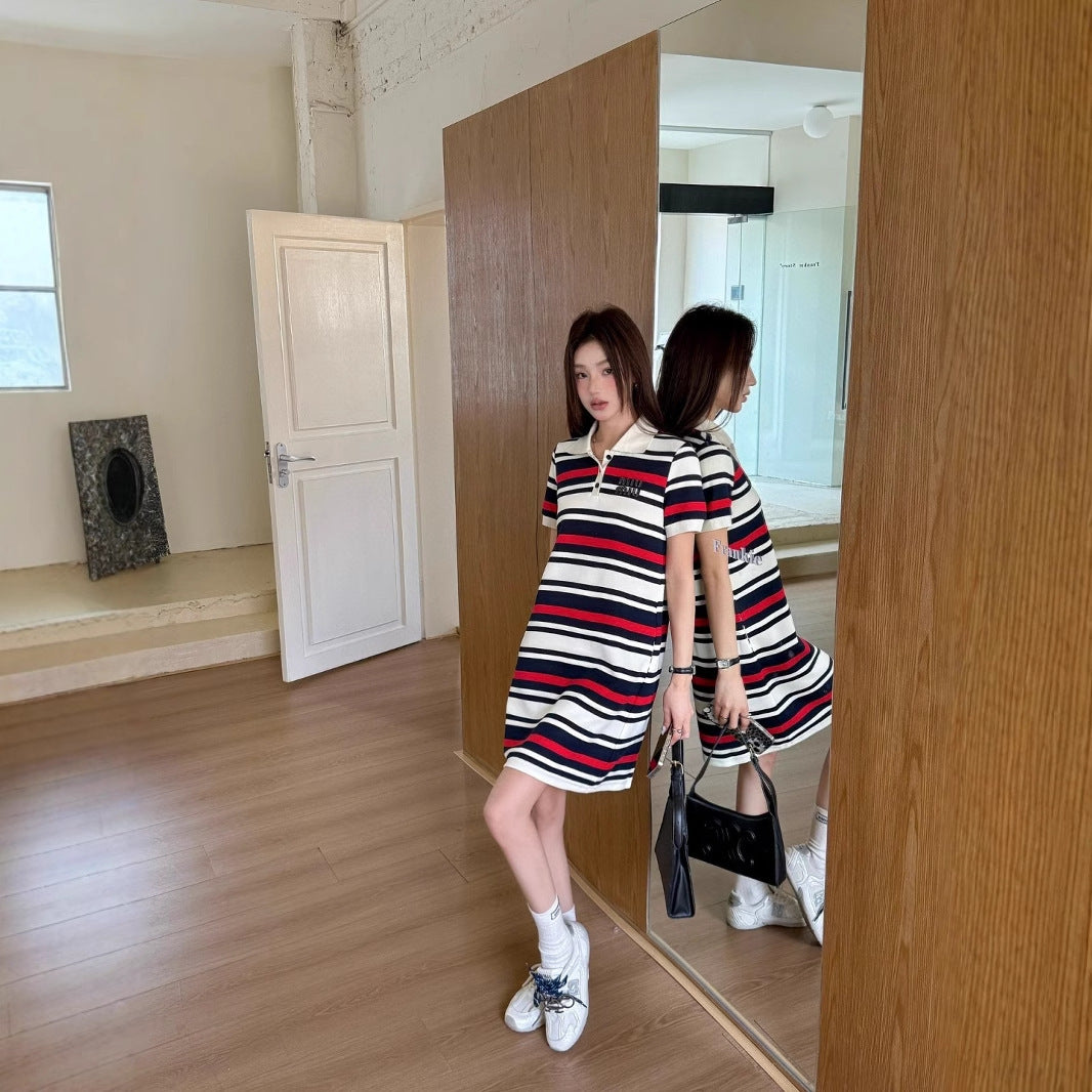 【Dress】POLOネックストライプワンピース  T01582