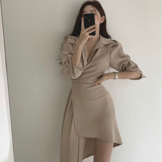 【Dress】韓国ファッションins風イレギュラー春秋ハイウエスト着痩せシャツワンピース2色選択可　Z-4744