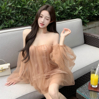 【Dress】ワンショルダーパフスリーブドレス T01408