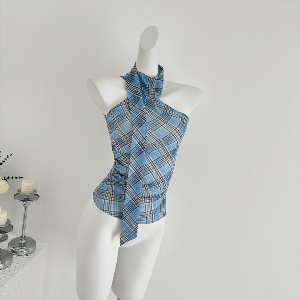 【Tops】チェック柄リボンネックホルダーベスト T01758