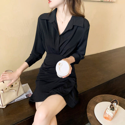 【Dress】低身長方おすすめ半端スリーブ膝丈シャツワンピース　　Z-5673