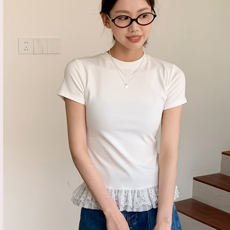 【Tops】レース切り替えTシャツ T01363