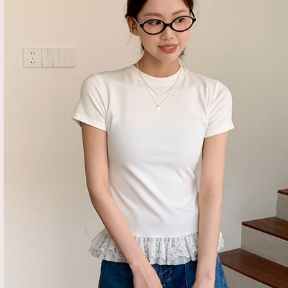 【Tops】レース切り替えTシャツ T01363