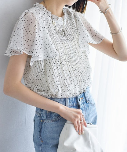 【Tops】ドット柄プリーツシフォンシャツ T01692