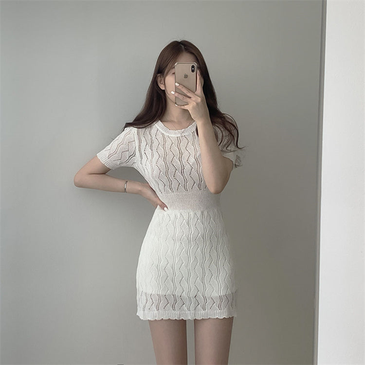 【Dress】2色展開～韓国ファッションins風Aライン半袖ニットワンピース着痩せ   Z-5065