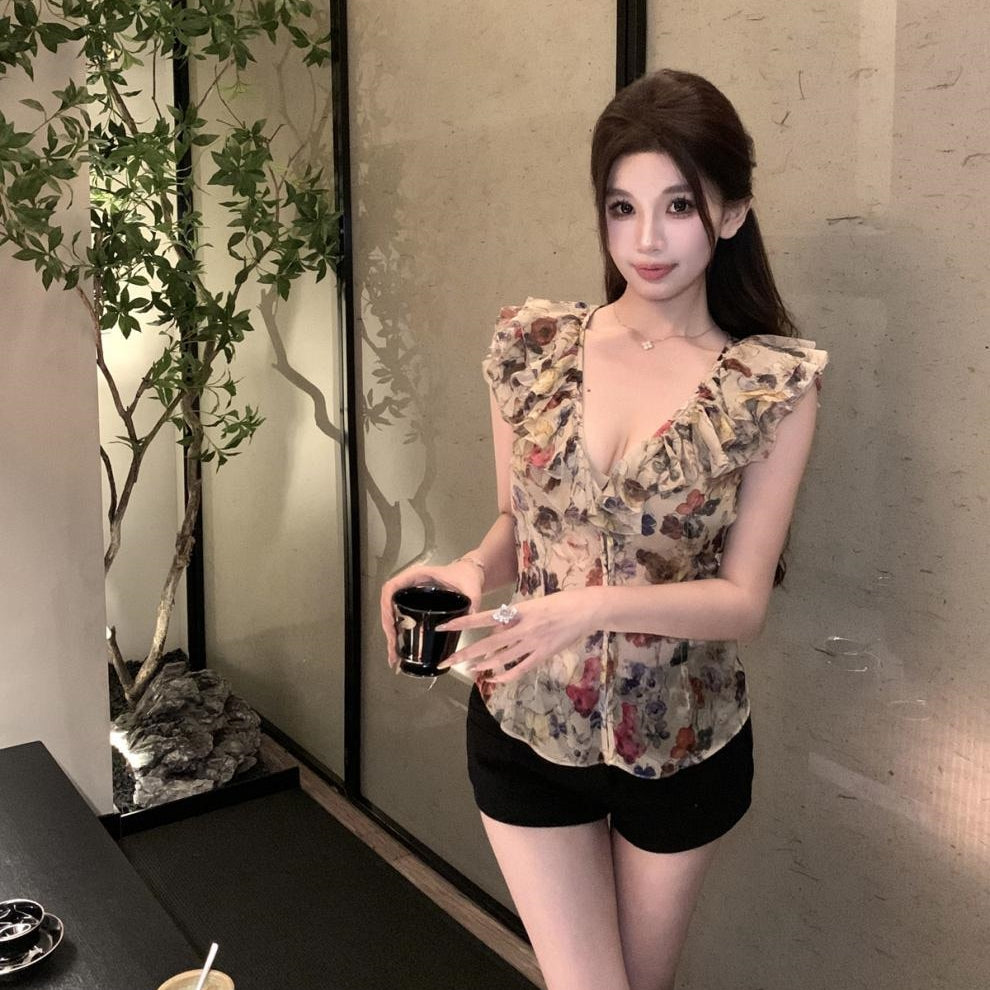 【Tops】フリル付きシフォン ウエストシェイプトップ T01759
