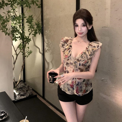 【Tops】フリル付きシフォン ウエストシェイプトップ T01759