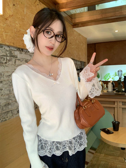 【Tops】レース切り替えベルスリーブトップ T01206