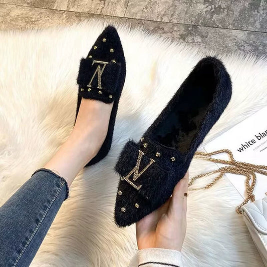 【Shoes】ファーフラットシューズ　W10083