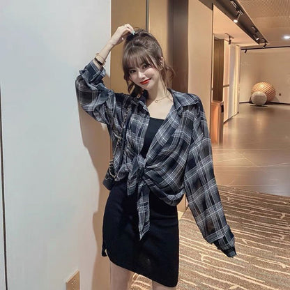 【Set】チェック柄シャツ + キャミワンピース重ね着2点セット   Z-2403