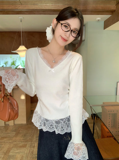 【Tops】レース切り替えベルスリーブトップ T01206