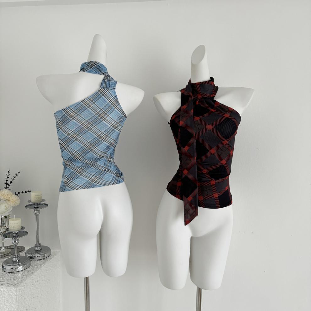 【Tops】チェック柄リボンネックホルダーベスト T01758