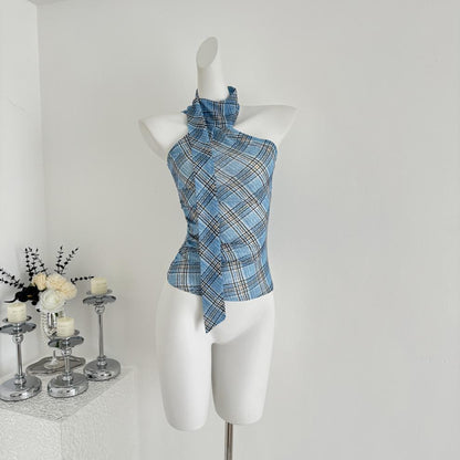 【Tops】チェック柄リボンネックホルダーベスト T01758